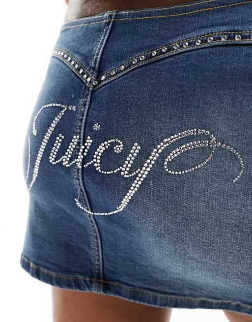 Juicy Couture – Mellanblå, stretchig, kort jeanskjol med strass, 4 av 5