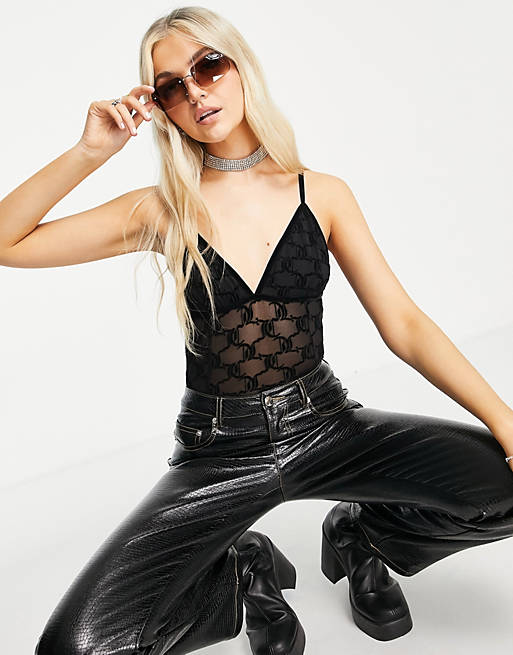 Juicy Couture mesh bodysuit in black monogram print