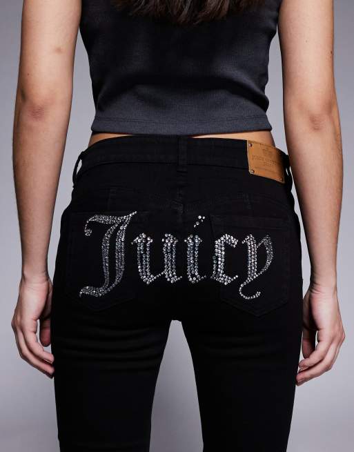 Juicy Couture mid rise bootcut diamante logo jeans in black, 6 of 6