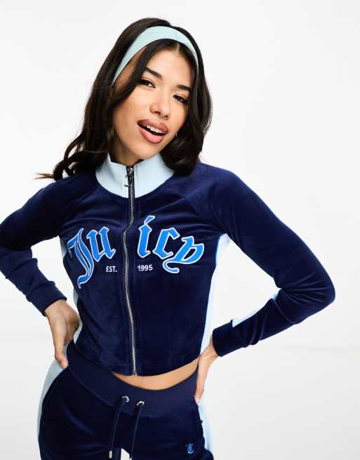 Juicy Couture – Niebieska welurowa bluza dresowa z logo w stylu uczelnianym zapinana na zamek, część zestawu