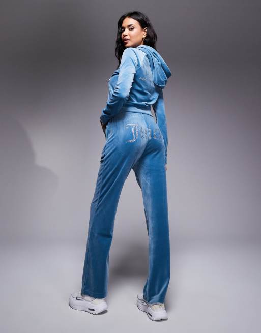 Juicy Couture – Niebieskie welurowe joggersy z logo ze strasów, część zestawu