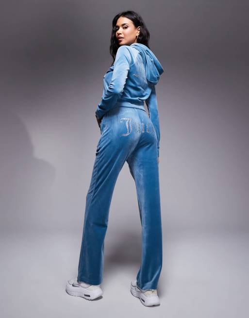 Juicy Couture - Pantalon de jogging d'ensemble en velours avec logo à strass - Bleu
