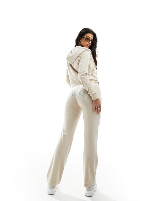 Juicy Couture - Pantaloni della tuta color sabbia brasiliana in velour con strass in coordinato