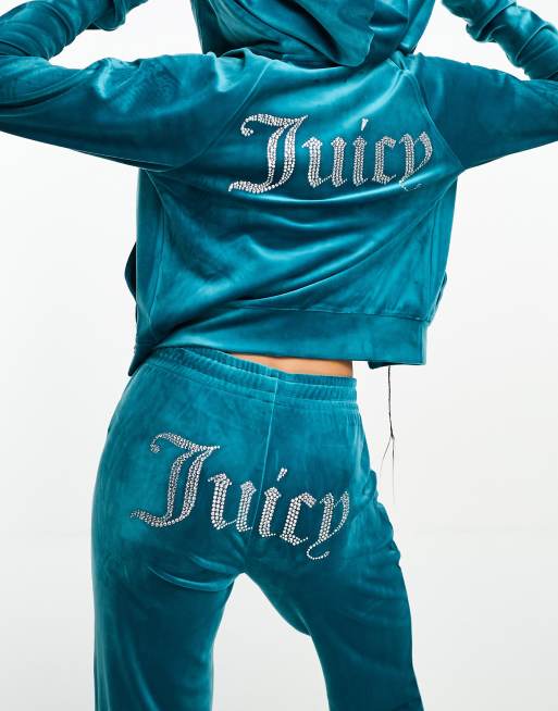 Juicy Couture - Pantaloni della tuta in velour blu con logo con strass in coordinato, 3 di 4