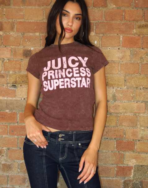 Juicy Couture princess logo hilton t-shirt in brown & pink