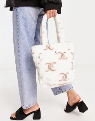 Juicy Couture printed monogram faux fur tote bag in cream