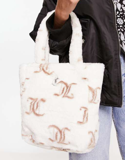 Juicy Couture printed monogram faux fur tote bag in cream