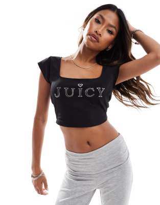 Juicy Couture - Regal - Kurzes T-Shirt in Schwarz mit eckigem Ausschnitt