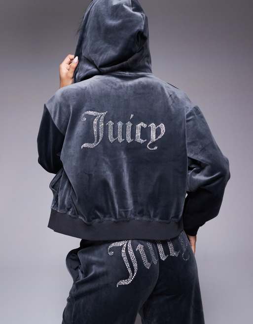 Juicy Couture relaxed fit velour zip through hoodie in charcoal