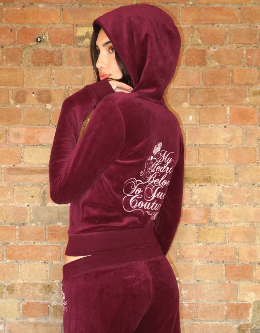Juicy Couture Robyn logotipo script rebelle sudadera con capucha de velour con cremallera, conjunto a juego, vino, 4 de 4