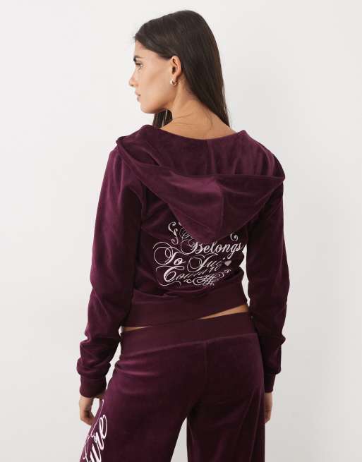 Juicy Couture Robyn script-logo rebelle hættetrøje med lynlås i vinrød, 2 af 4