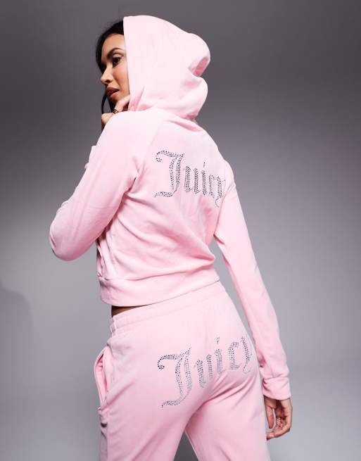 Juicy Couture – Różowa welurowa bluza z kapturem i logo ze strasów zapinana na zamek, część zestawu