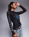 [Juicy Couture] Juicy Couture sacred heart embellished mesh long sleeve top in black XS BLACK
