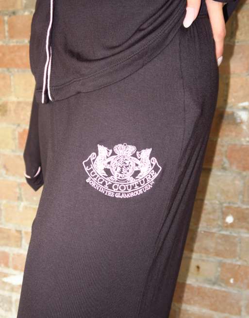 Juicy Couture set pigiama con stemma cane, maniche lunghe, colletto a rever e profili a contrasto, nero, 3 di 4