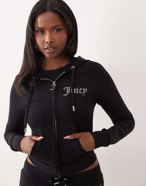Juicy Couture - Sort hættetrøje i velour med gennemgående lynlås og rhinstenslogo - Del af sæt - view 1