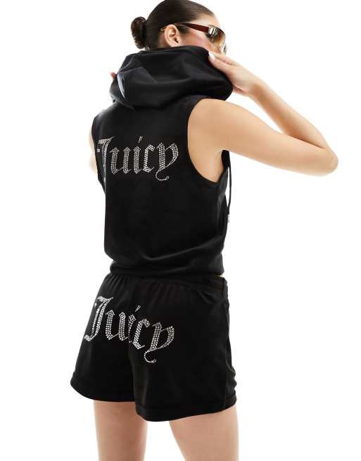 Juicy Couture - Sort træningsvest i velour med rhinsten og lynlås - Del af sæt
