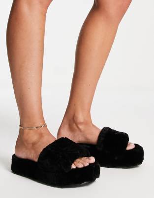 Juicy Couture Juicy Couture stacked fur slider with metal plaque in black