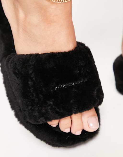 Juicy Couture stacked fur slider with metal plaque in black ASOS