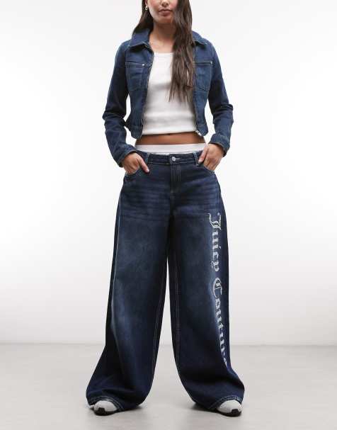 Juicy Couture straight leg diamante logo low rise jeans in mid wash blue - view 1