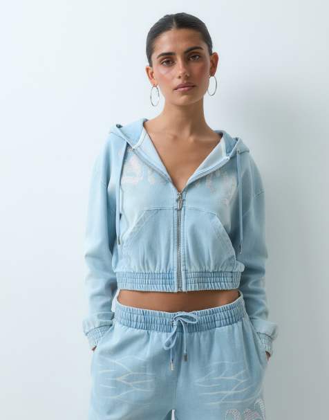 Juicy Couture - sudadera con capucha y cremallera de conjunto con logo de strass lavado en azul denim - view 1