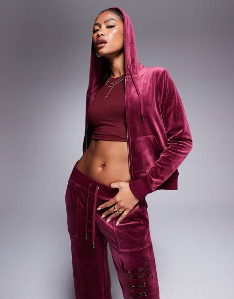 Juicy Couture - Sweat à capuche d'ensemble zippé en velours à strass ton sur ton - Bordeaux - view 1
