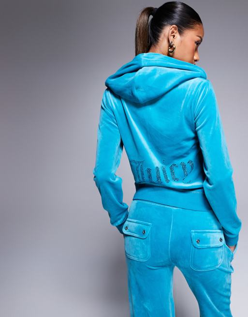 Juicy Couture - Sweat à capuche d'ensemble zippé en velours à strass ton sur ton - Turquoise , 4 de 4