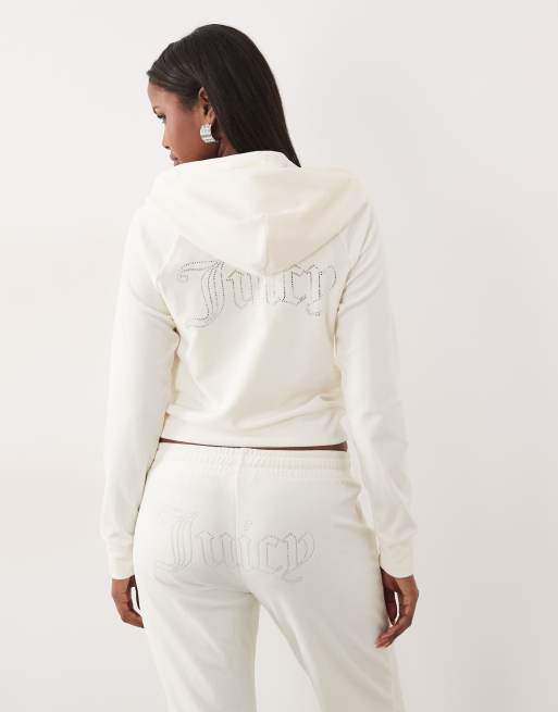 Juicy Couture - Sweat d'ensemble à capuche en velours avec fermeture éclair et logo à strass - Crème, 2 de 4