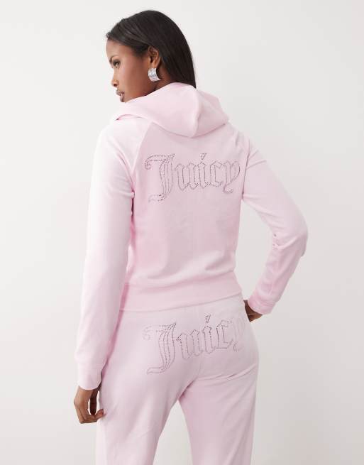 Juicy Couture - Sweat d'ensemble à capuche en velours avec fermeture éclair et logo à strass - Rose pastel, 2 de 4