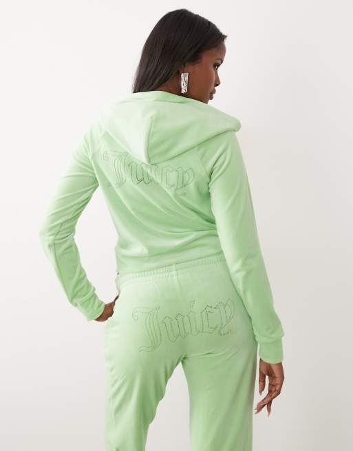 Juicy Couture - Sweat d'ensemble à capuche en velours avec fermeture éclair et logo à strass - Vert, 2 de 4