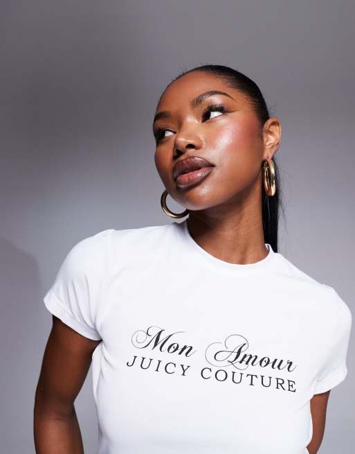 Juicy Couture - T-shirt ajusté effet raccourci à imprimé Mon Amour - Blanc