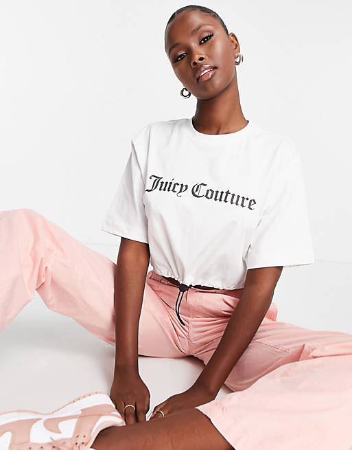 Juicy Couture - T-shirt bianca corta con logo floccato