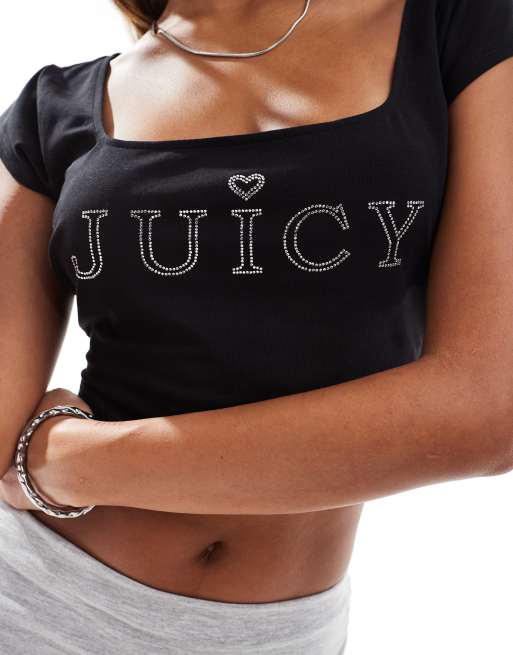Juicy Couture - T-shirt corta nera con scollo squadrato, 2 di 4