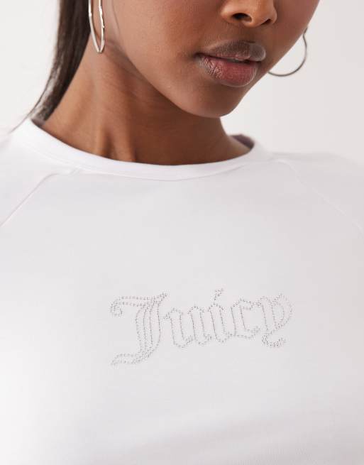 Juicy Couture - T-shirt d'ensemble effet rétréci à logo orné de strass - Blanc, 3 de 4