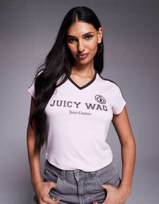 T-Shirt in Rosa mit V-Ausschnitt und „Juicy Wag"-Logoprint Rosa XXL