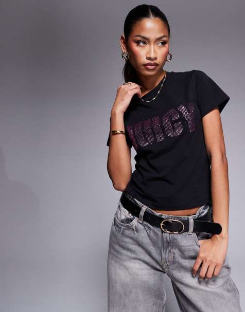 Juicy Couture - T-shirt met logo van siersteentjes in zwart - view 1