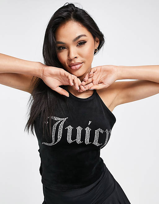 Juicy Couture - Top allacciato al collo in velour nero con logo con strass in coordinato 