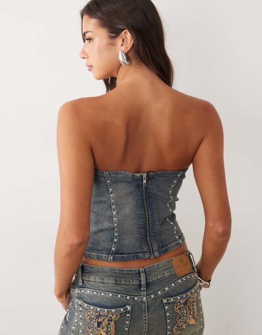 Juicy Couture top corset en denim à logo clouté coordonné en bleu délavé clair, 4 de 4