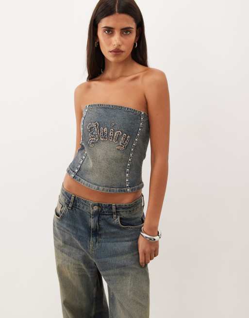 Juicy Couture top corsetto coordinato in denim con logo e borchie, lavaggio chiaro blu