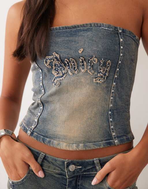 Juicy Couture top corsetto coordinato in denim con logo e borchie, lavaggio chiaro blu, 3 di 4