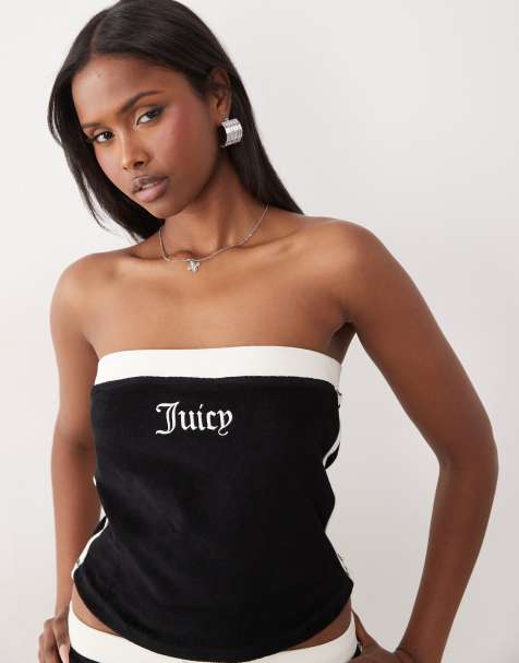 Juicy Couture towelling side stripe embroidered logo bandeau top co-ord in black - view 1