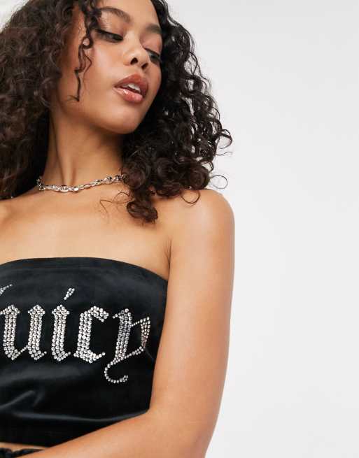 Juicy Couture velour crop top with embellished logo in black