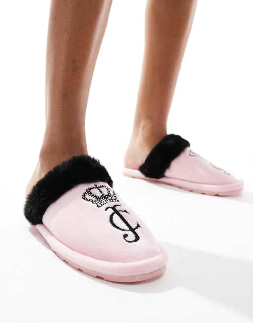 Juicy Couture velour diamante slippers with faux fur trim in bright pink