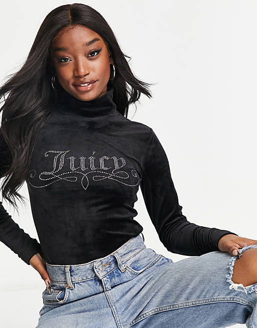 Juicy Couture velour funnel neck bodysuit with diamante detail in black