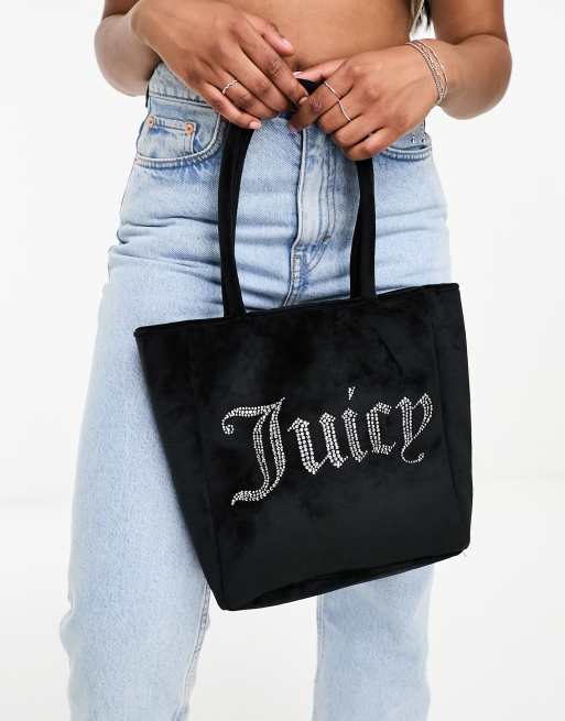 Juicy Couture velour mini tote bag with diamante logo in black ASOS