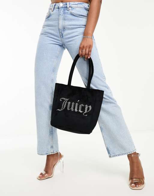 Juicy Couture velour mini tote bag with diamante logo in black, 4 of 4