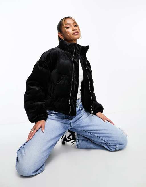 Juicy Couture velour monogram logo puffer jacket in black ASOS