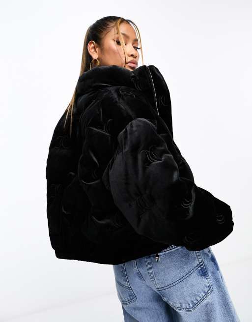 Juicy Couture velour monogram logo puffer jacket in black ASOS