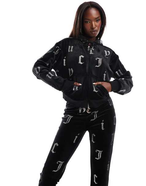 Juicy Couture velour monogram oversized cropped zip through hoodie co-ord in black - view 1