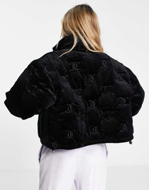 Juicy Couture velour monogram logo puffer jacket in black