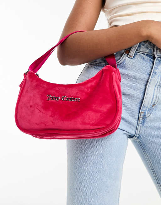 Juicy Couture velour shoulder bag with metal plaque in hot pink ASOS